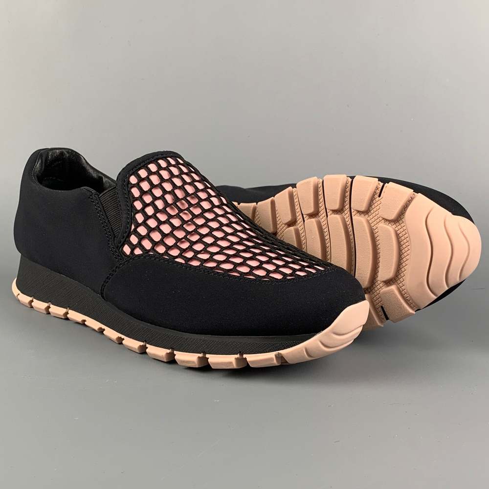 PRADA Black & Pink Nylon Mesh Slip Sneakers - Picture 3 of 9